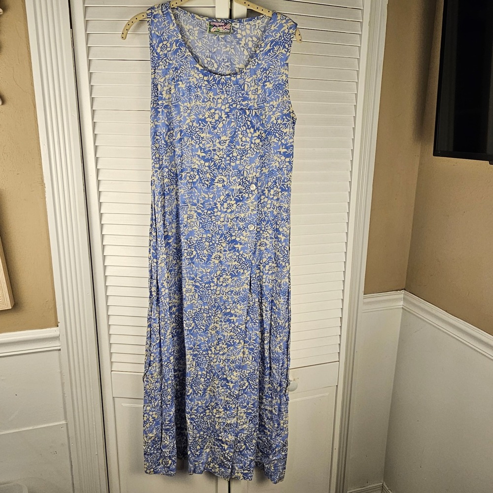 Vintage April Cornell Trading Womens Blue Floral Midi‎ Sundress XS